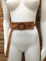 Boho 70s , 80s style CAMEL brown suede OBI belt. Wrap belt in  natural soft suede.  waist belt. Brown wraparound  belt in genuine leather