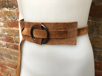 Boho 70s , 80s style CAMEL brown suede OBI belt. Wrap belt in  natural soft suede.  waist belt. Brown wraparound  belt in genuine leather