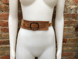 Boho 70s , 80s style CAMEL brown suede OBI belt. Wrap belt in  natural soft suede.  waist belt. Brown wraparound  belt in genuine leather