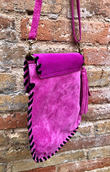 Suede leather hippy bag in magenta pink. Cross body or shoulder