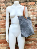 Large TOTE leather bag in dark GRAY. Soft natural suede bag.  Genuine leather shopper.  Laptop or book  bag in suede.  Large crossbody bag.