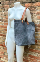 Large TOTE leather bag in dark GRAY. Soft natural suede bag.  Genuine leather shopper.  Laptop or book  bag in suede.  Large crossbody bag.