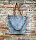 Large TOTE leather bag in dark GRAY. Soft natural suede bag.  Genuine leather shopper.  Laptop or book  bag in suede.  Large crossbody bag.