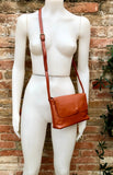 Small leather bag in terracotta - camel brown. Genuine leather cross body / shoulder bag. Adjustable strap, zipper+ flap. Small brown purse