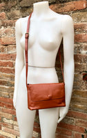 Small leather bag in terracotta - camel brown. Genuine leather cross body / shoulder bag. Adjustable strap, zipper+ flap. Small brown purse