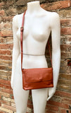 Small leather bag in terracotta - camel brown. Genuine leather cross body / shoulder bag. Adjustable strap, zipper+ flap. Small brown purse