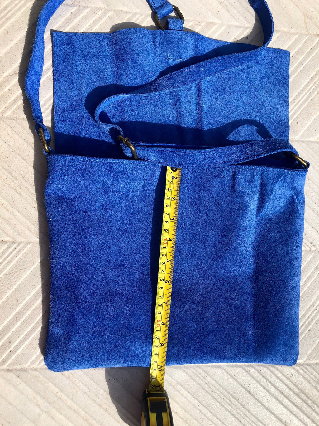 Messenger bag in genuine suede leather. Bright BLUE cross body bag. Boho suede bag with zipper and flap. Tablet or book bag in BLUE