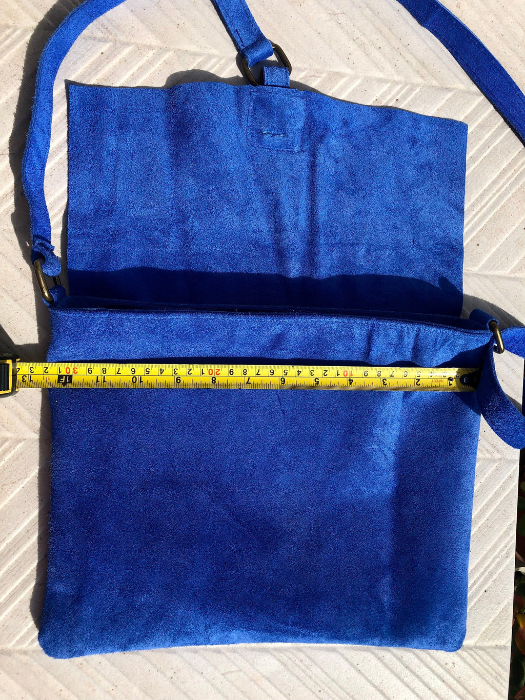 Messenger bag in genuine suede leather. Bright BLUE cross body bag. Boho suede bag with zipper and flap. Tablet or book bag in BLUE