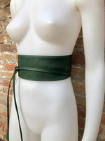 Dark green wrap belt in soft leather. LONGER option. Waist, dress or wraparound belt in dark green genuine leather. Boho green obi belt.