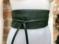 Dark green wrap belt in soft leather. LONGER option. Waist, dress or wraparound belt in dark green genuine leather. Boho green obi belt.