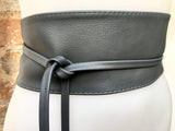 Dark grey wrap belt in soft leather. LONGER option. Waist, dress or wraparound belt in dark gray genuine leather. Boho grey  obi belt.