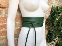 Dark green wrap belt in soft leather. LONGER option. Waist, dress or wraparound belt in dark green genuine leather. Boho green obi belt.