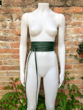 Dark green wrap belt in soft leather. LONGER option. Waist, dress or wraparound belt in dark green genuine leather. Boho green obi belt.