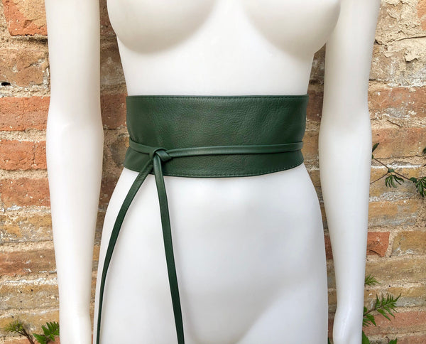 Dark green wrap belt in soft leather. LONGER option. Waist, dress or wraparound belt in dark green genuine leather. Boho green obi belt.