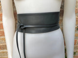 Dark grey wrap belt in soft leather. LONGER option. Waist, dress or wraparound belt in dark gray genuine leather. Boho grey  obi belt.