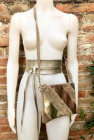 Leather bag and wrap belt set in metallic shine leather.Gold, beige and pink crosbody or shoulder bag + obi waist belt. Disco 70s purse