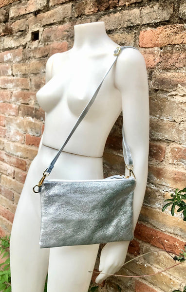 Small leather bag in SILVER .Cross body bag, shoulder bag / wristlet i –  Handmade suede bags by Good Times Barcelona