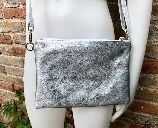 Small leather bag in SILVER .Cross body bag, shoulder bag