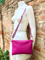 Small leather bag in Fuchsia pink. Cross body, shoulder bag or wristlet in GENUINE  leather. Pink purse with adjustable strap. Soft leather.