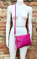 Small leather bag in Fuchsia pink. Cross body, shoulder bag or wristlet in GENUINE  leather. Pink purse with adjustable strap. Soft leather.