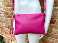 Small leather bag in Fuchsia pink. Cross body, shoulder bag or wristlet in GENUINE  leather. Pink purse with adjustable strap. Soft leather.