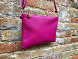 Small leather bag in Fuchsia pink. Cross body, shoulder bag or wristlet in GENUINE  leather. Pink purse with adjustable strap. Soft leather.