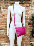 Small leather bag in Fuchsia pink. Cross body, shoulder bag or wristlet in GENUINE  leather. Pink purse with adjustable strap. Soft leather.