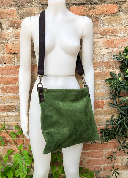 GREEN suede messenger bag: 1 GUITAR strap + 1 brown strap. Soft genuin –  Handmade suede bags by Good Times Barcelona