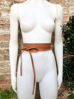 Obi belt in soft leather. Narrow style. Wrap belt in CAMEL BROWN. Tobacco wraparound waist belt in genuine leather. Boho tan wide belt.