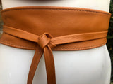 Obi belt in soft leather. Narrow style. Wrap belt in CAMEL BROWN. Tobacco wraparound waist belt in genuine leather. Boho tan wide belt.