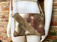 Leather bag and wrap belt set in metallic shine leather.Gold, beige and pink crosbody or shoulder bag + obi waist belt. Disco 70s purse