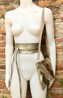 Leather bag and wrap belt set in metallic shine leather.Gold, beige and pink crosbody or shoulder bag + obi waist belt. Disco 70s purse