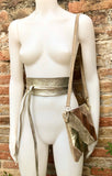 Leather bag and wrap belt set in metallic shine leather.Gold, beige and pink crosbody or shoulder bag + obi waist belt. Disco 70s purse