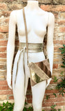 Leather bag and wrap belt set in metallic shine leather.Gold, beige and pink crosbody or shoulder bag + obi waist belt. Disco 70s purse