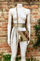 Leather bag and wrap belt set in metallic shine leather.Gold, beige and pink crosbody or shoulder bag + obi waist belt. Disco 70s purse