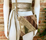 Leather bag and wrap belt set in metallic shine leather.Gold, beige and pink crosbody or shoulder bag + obi waist belt. Disco 70s purse