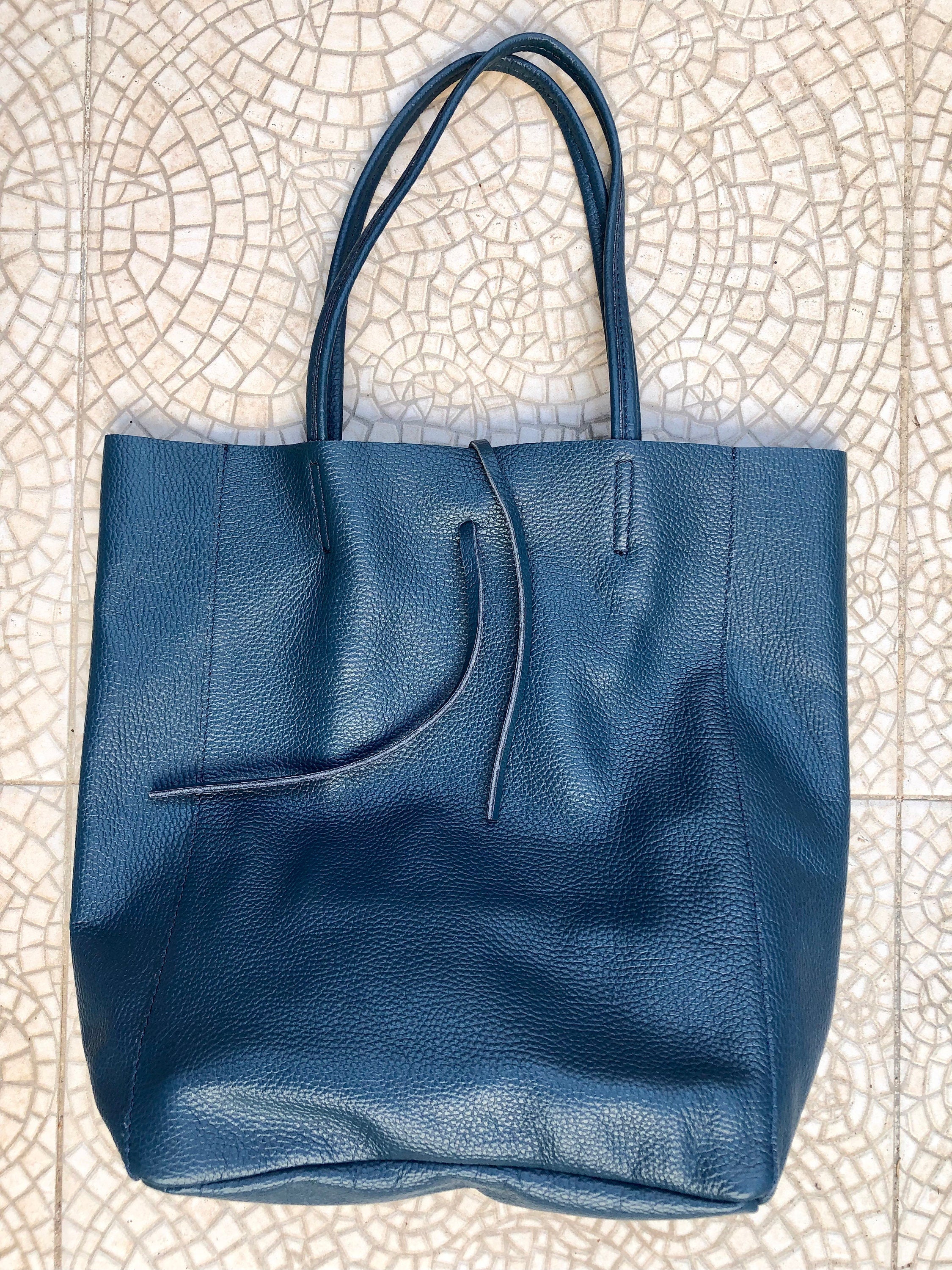Tote leather bag in dark blue. Leather shopper in natural GENUINE leather. Large carry all bag for your laptop, books.BLUE leather shopper.