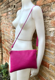 Small leather bag in Fuchsia pink. Cross body, shoulder bag or wristlet in GENUINE  leather. Pink purse with adjustable strap. Soft leather.