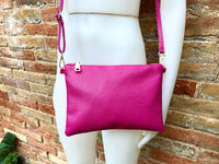 Small leather bag in Fuchsia pink. Cross body, shoulder bag or wristlet in GENUINE  leather. Pink purse with adjustable strap. Soft leather.