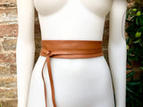 Obi belt in soft leather. Narrow style. Wrap belt in CAMEL BROWN. Tobacco wraparound waist belt in genuine leather. Boho tan wide belt.