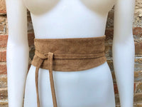 Light camel brown leahter OBI belt. Light brown suede waist belt. Soft leather wraparound belt, Tan beige, cafe au lait boho wrap belt