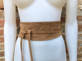 Light camel brown leahter OBI belt. Light brown suede waist belt. Soft leather wraparound belt, Tan beige, cafe au lait boho wrap belt