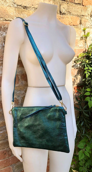 Small leather bag in dark teal GREEN .Genuine LEATHER crossbody