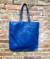 COBALT blue leather bag with zipper. Genuine leather shopper bag. Large BLUE shoulder bag for your laptop, books. Soft leather shopper