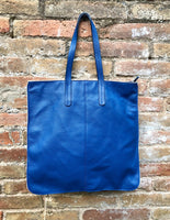 COBALT blue leather bag with zipper. Genuine leather shopper bag. Large BLUE shoulder bag for your laptop, books. Soft leather shopper