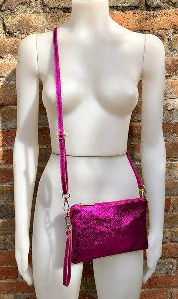 Small genuine leather bag in METALLIC hot pink. Cross body bag, should –  Handmade suede bags by Good Times Barcelona