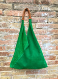 Slouch leather bag in GREEN . Large shoulder leather bag. Boho bag. Laptop bags in suede. Large suede leather bag. GREEN suede bag.