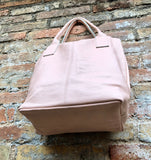 PINK shopper bag in GENUINE leather. Large carry all bag for your laptop, books. Light pink leather tote / bucket bag. Pink leather purse