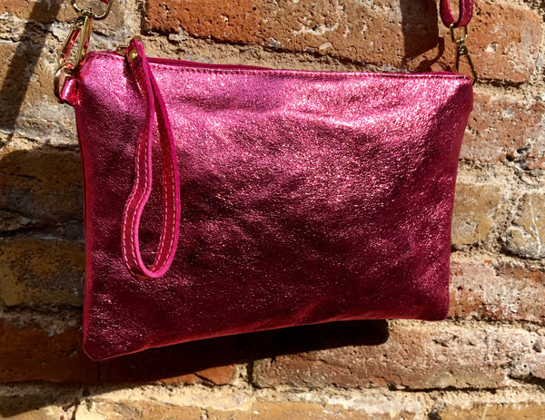Small purse in hot PINK, genuine leather, 4 zippers. Fits credit cards –  Handmade suede bags by Good Times Barcelona