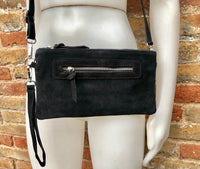 Suede leather bag in BLACK. Genuine leather cross body / shoulder bag. Small boho party messenger bag with zipper. BLACK suede purse